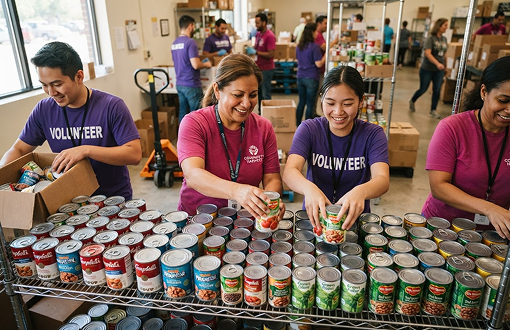 Volunteers sorting donated canned food at a Cotiviti Cares donation drive