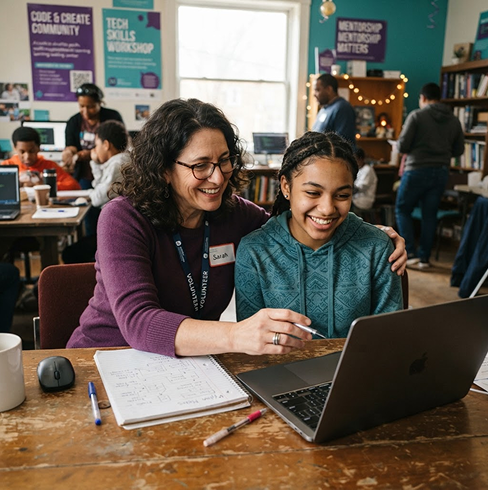 A Cotiviti volunteer helping a student at a laptop during a community workshop