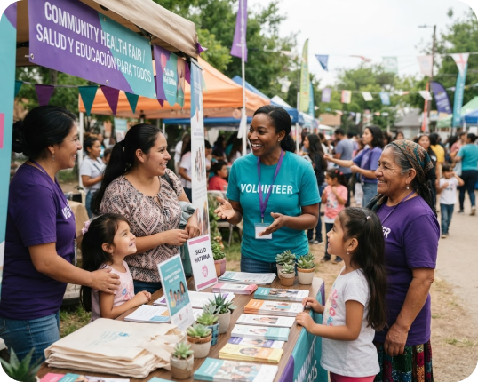 Cotiviti volunteers talking with families at a community health fair