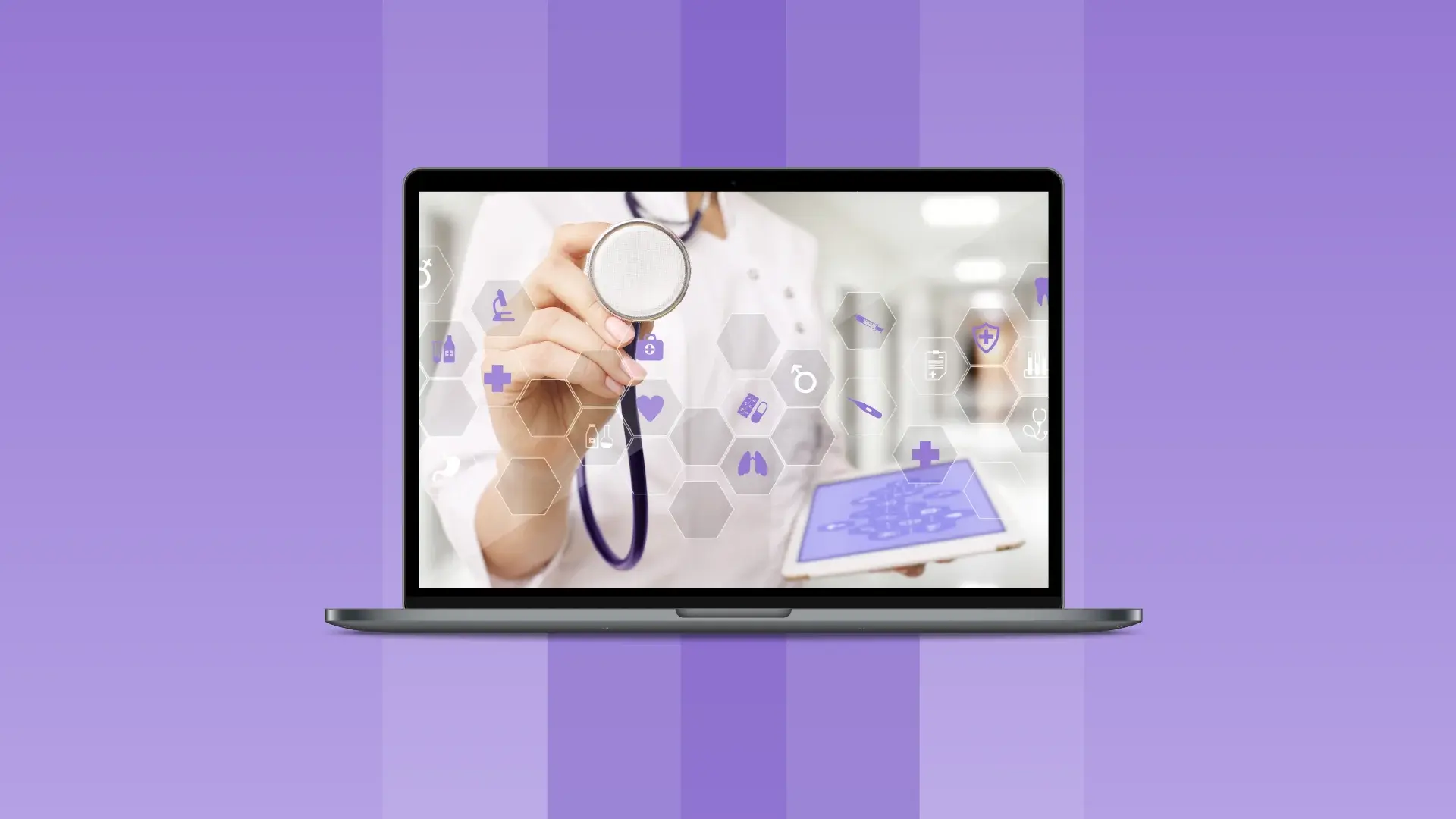 Laptop screen displaying a healthcare professional holding a stethoscope, with medical icons and hexagonal graphics overlayed, symbolizing digital health technology.