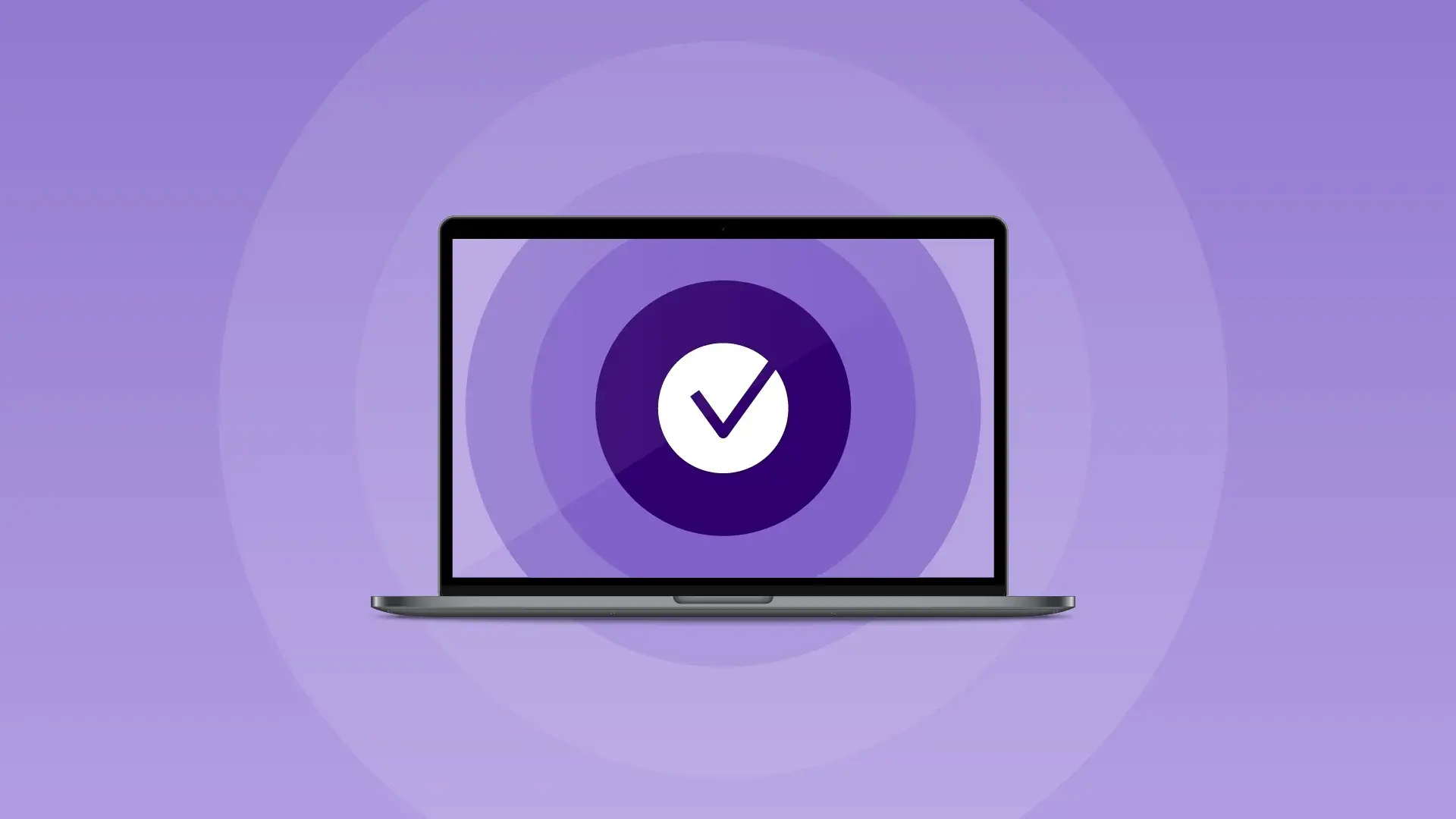 Laptop displaying a purple checkmark inside concentric circles on a light purple background