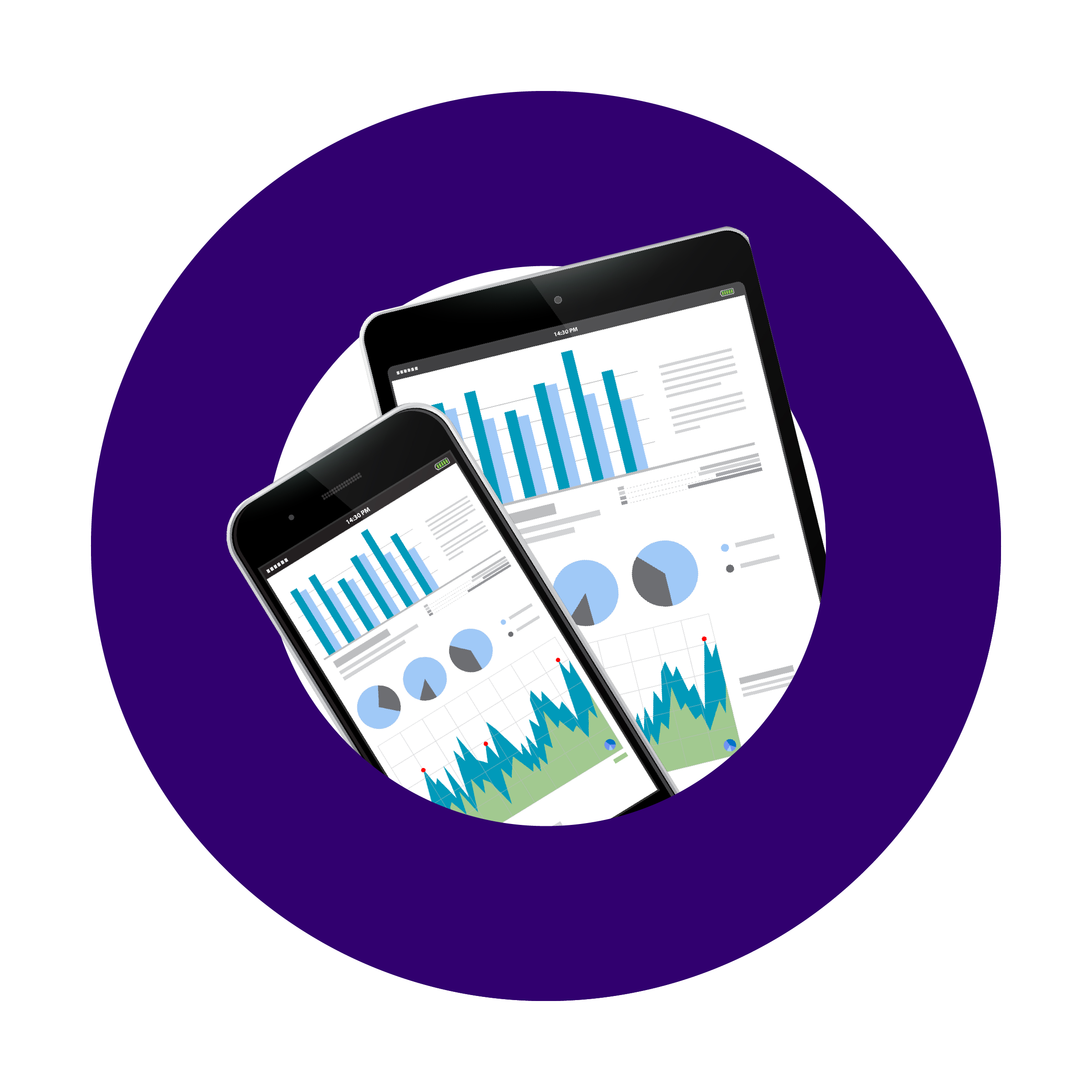 A tablet and smartphone with various charts